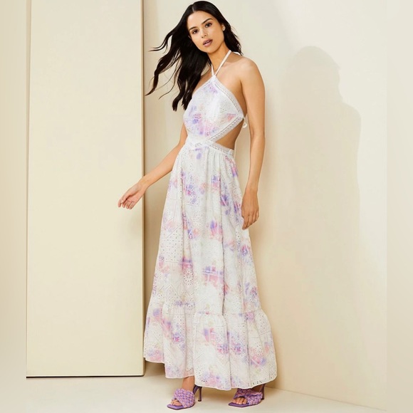 Gianni Bini Halter Neck Cutout Back Embroidered Eyelet Sleeveless Maxi Dress - Picture 2 of 7